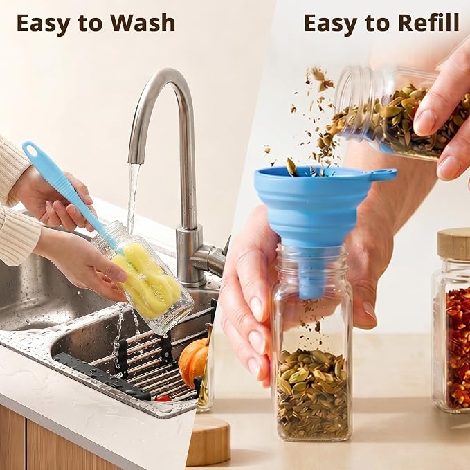 SHOWIN Spice Jars with Label, 6oz Spice Containers with Bamboo Lids 12pcs, Glass Spice Jars with Lids, Square Seasoning Containers for Rack, Cabinet, Drawer, Home Kitchen Seasoning Organizer