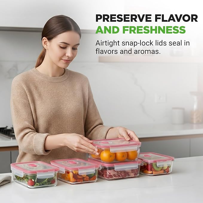 Nutrichef 10-Piece Glass Food Containers - Stackable Superior Glass Meal-prep Storage Containers, Newly Innovated Leakproof Locking Lids w/Air Hole, Freezer-to-Oven-Safe (Red)
