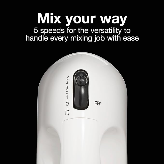 Proctor Silex Easy Mix 5-Speed Electric Hand Mixer with Bowl Rest | Compact and Lightweight | 100 Watts of Peak Power | White | 62515PS