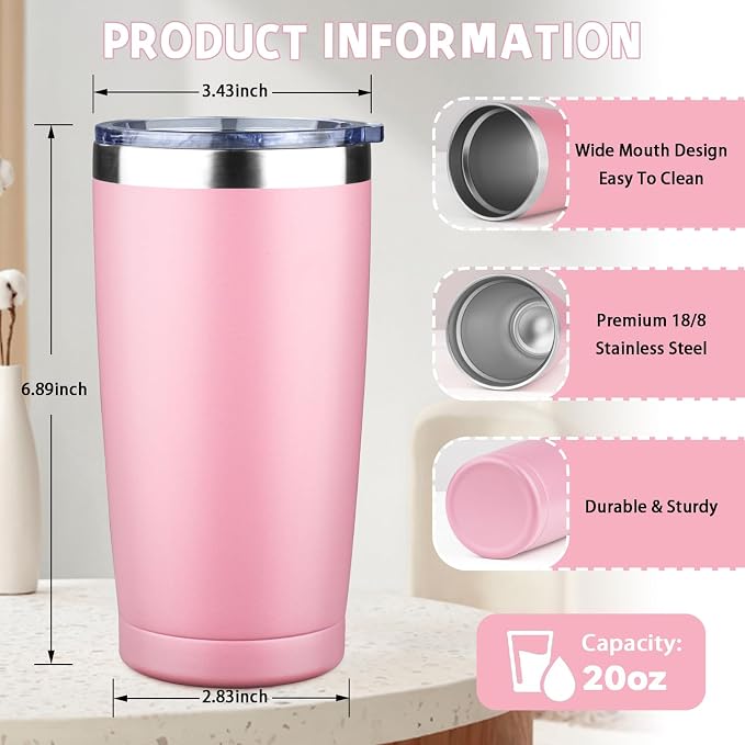 20 oz Tumbler with Lids and Straws, Stainless Steel Insulated Coffee Tumbler, Double Wall Vacuum Insulated Travel Mug Cup, Leakproof Thermal Coffee Cup for Hot and Cold Drinks (light pink)