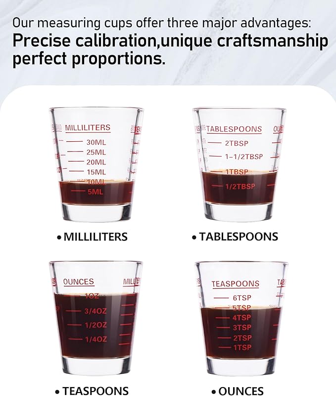 SAIAOKJ Shot Glass Measuring Cup Set, 4 Pack Espresso Shot Glasses (Red) | Glass measuring cups feature 26 markings up to 1 OZ, 2 TBS, 6 TSP, 30 ML for espresso, liquor, medicine and recipes