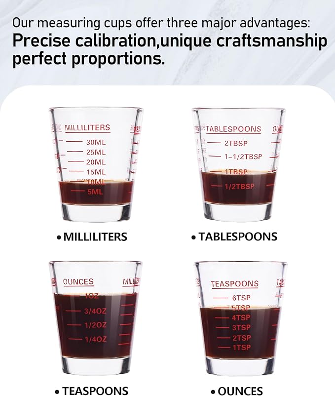 SAIAOKJ Shot Glass Measuring Cup Set, 6 Pack Espresso Shot Glasses (White) | Glass measuring cups feature 26 markings up to 1 OZ, 2 TBS, 6 TSP, 30 ML for espresso, liquor, medicine and recipes