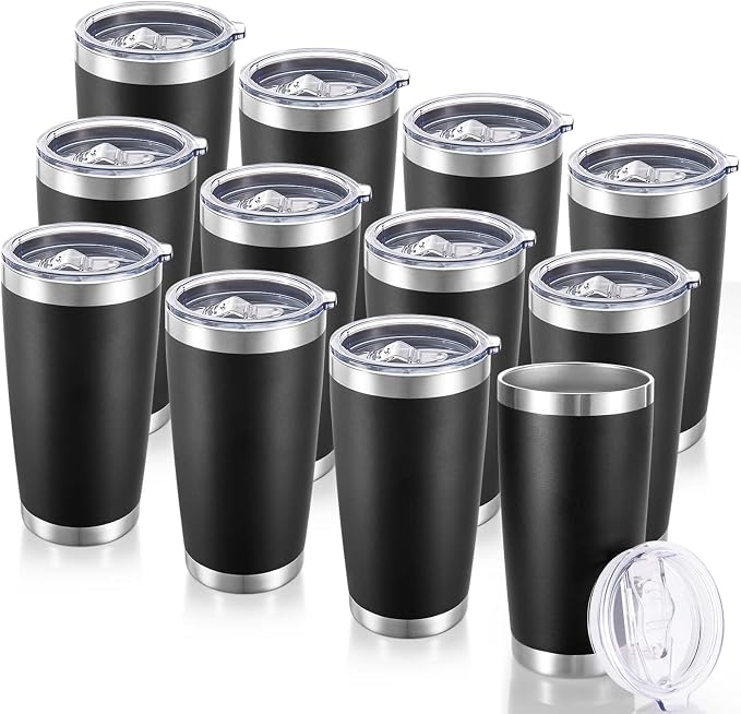 20 oz Tumblers Bulk Stainless Steel Tumbler with Lid Double Wall Vacuum Insulated Coffee Mug 20oz Powder Coated Cup for Hot and Cold Drinks, Black, 12 pack | Black, 20oz Insulated Coffee Mug, Double Wall Vacuum, Powder Coated Cup, for Hot and Cold Drinks