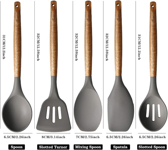 Kitchen Utensils Set, Silicone Cooking Utensils Set,Non-Stick Silicone Spatula Set with Natural Acacia Hard Wood Handle, 5 Piece, Upgraded Thickened Cookware
