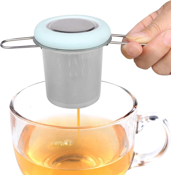 Tea Infuser Stainless Steel Tea Strainer Folding Handle Tea Filter Extra Fine Mesh Strainer Brewing Basket with Lid for Loose Leaf Tea (Light Blue) …