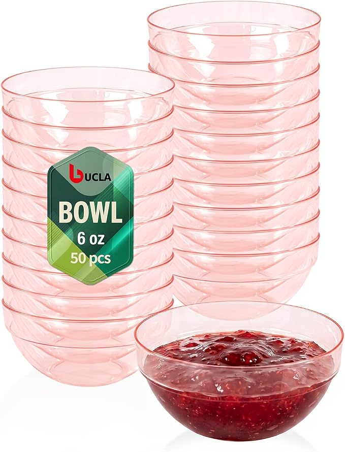 bUCLA 50 Pack Plastic Prep Bowl Sets, 6oz Clear Pink Small Pinch Bowls | Small Bowls for Salt, Spices, Chopped Ingredients, Dipping Sauces, Ice Cream Toppings, Pudding