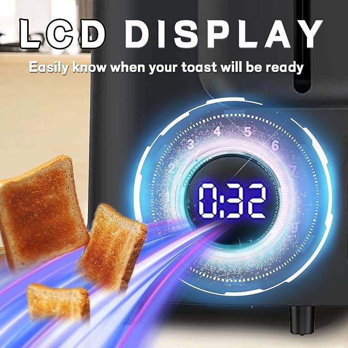 Toaster 2 Slice Wide Slot Toaster Best Rated Prime Display Smart Toasters with LCD Digital Countdown Timer and Bagel/Defrost/Cancel/Reheat Function