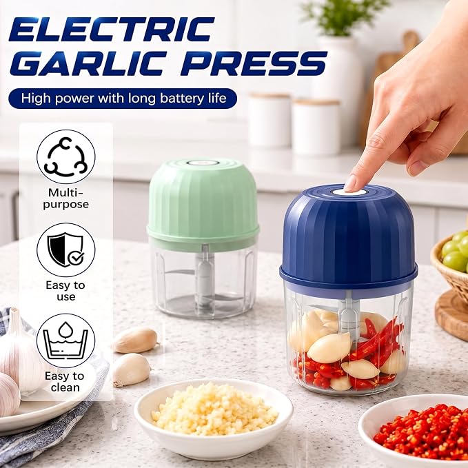 Electric Garlic Chopper, Mini Rechargeable Electric Garlic Chopper, Wireless Portable Food Processor for Ginger Chili Onion Vegetables Meat (Blue)