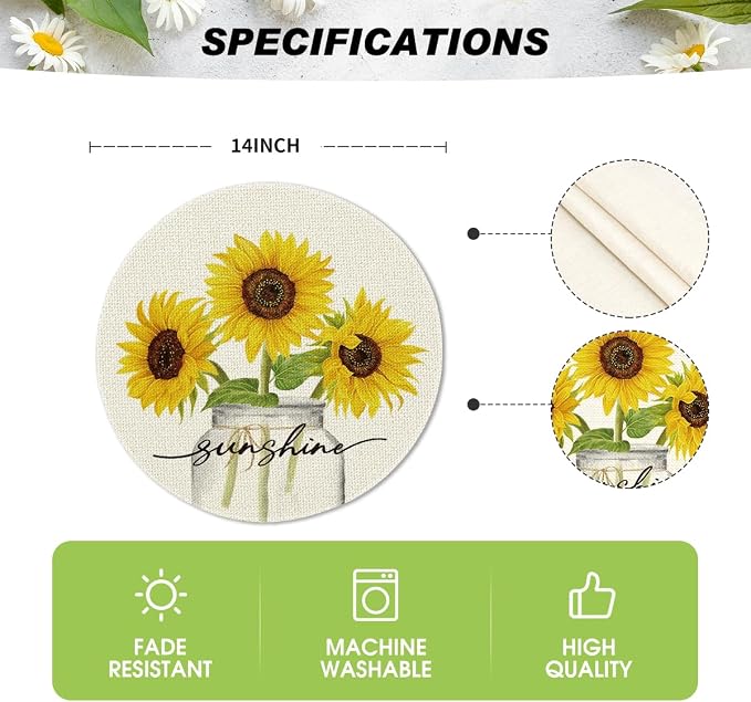 Artoid Mode Buffalo Plaid Sunflower Sunshine Vase Round Summer Placemats Set of 4, 14 Inch Spring Fall Table Mats for Dining Decoration