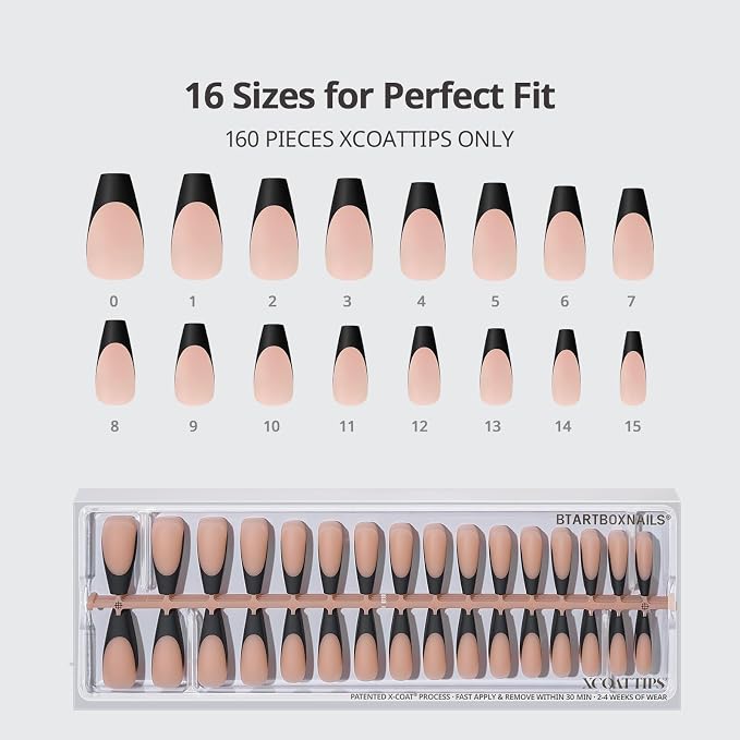 BTArtboxnails XCOATTIPS Black French Tip Press On Nails, XL Coffin, Peach | Lamp-Curable, 4-Week Wear, Natural Nail Look, Salon Quality Value at Home, Easy-to-Apply for Beginners, 160ct Nail Tips Only