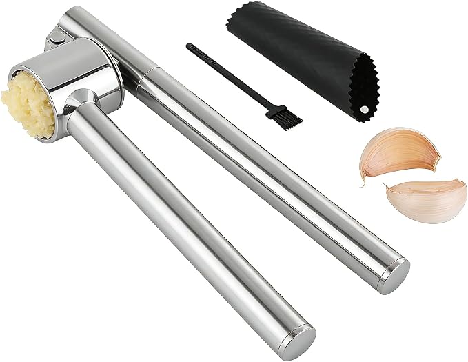 304 Stainless Steel Garlic Press Set Peeler & Brush | Labor-saving handle, removable liner, rustproof and dishwasher safe
