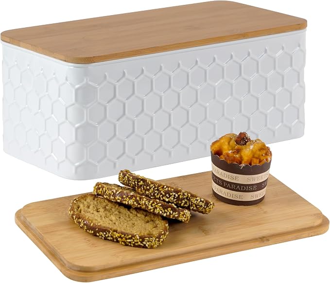 Large White Honeycomb Embossed Bread Box with Bamboo Lid | Corner Breadbox for Homemade Bread, Metal Bread Storage Container Bin for Kitchen Countertop