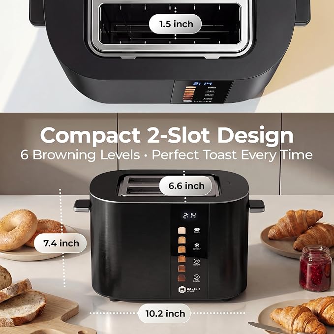 Balter Toaster 2 Slice, Bagel Function, Stainless Steel, Touch Screen, Built-in Rack, Extra-Wide 1.5" Slots for Thick Breads & Bagel, Timer, BPA-Free, Removable Tray, Black