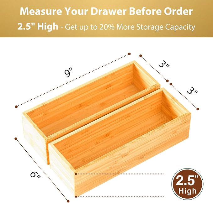 Bamboo Kitchen Drawer Organizer, Extra High Silverware Tray, Flatware Cutlery Storage Box, Multi-Use Holder in Office, Bathroom, Pantry - 9"x3"x2.5" (Set of 2)