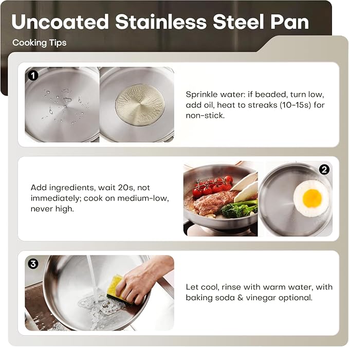 10 Inch Stainless Steel Frying Pan with Lid, Tri-Ply Healthy Stainless Steel Cookware, Pan, Skillet on Induction, Ceramic and Gas Cooktops, PFOA Free Cooking Pan, Dishwasher Safe