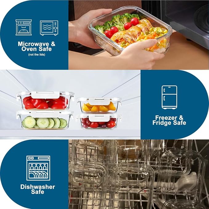 BAYZZ 10 Pack Glass Meal Prep Containers, Glass Food Storage Containers with Lids, Airtight Lunch Box, Freezer,Oven,Microwave and Dishwasher Safe,White