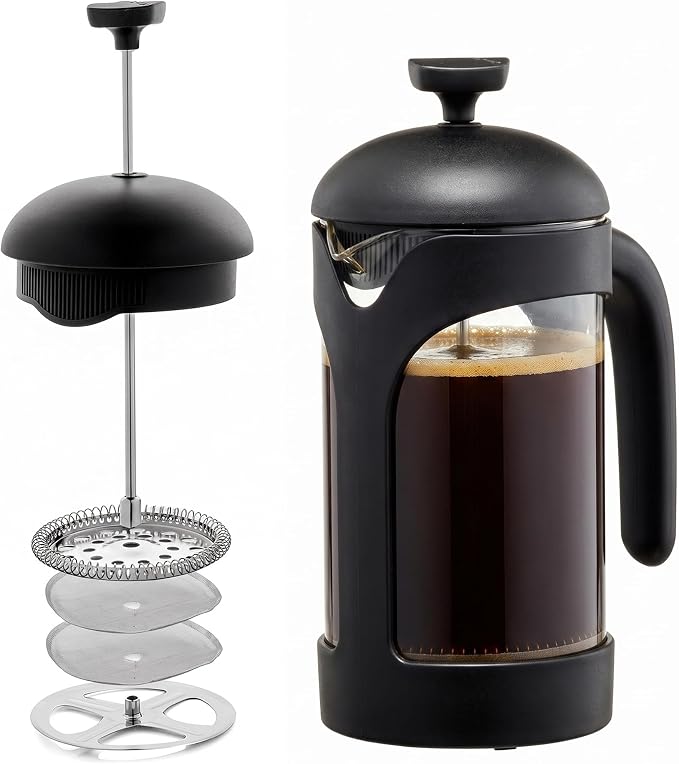 OVENTE 20oz French Press Coffee Maker with 4-Level Filtration, Black FPB20B | Heat Resistant Borosilicate Glass Pot, Dishwasher Safe Stainless Steel Filter, Portable Cafetiere for Travel, Camping or Gift