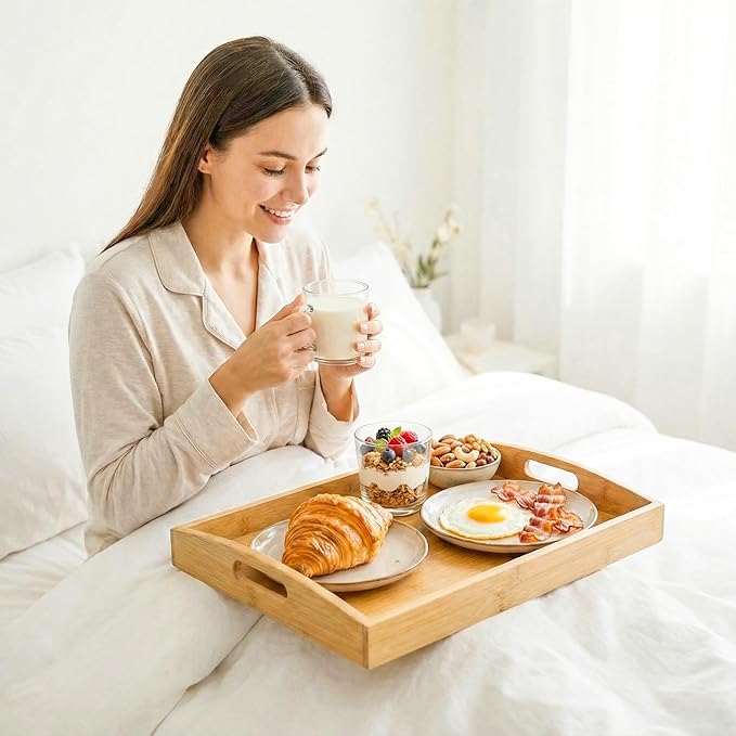 Bamboo Serving Tray Set of 2, Bamboo Trays with Handles | Decorative bamboo serving trays for serving, storage,kitchens, living rooms,bathrooms, outdoor dining 17" × 13" & 16" × 12"