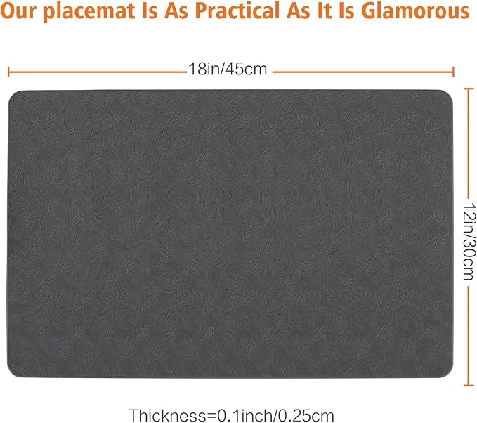 Gray Vinyl Placemats Set of 6 Waterproof Wipeable Table Mats | Heat Resistant Easy Clean Place Mats Faux Leather Table Mats Washable PVC Table Placemats for Dining Table