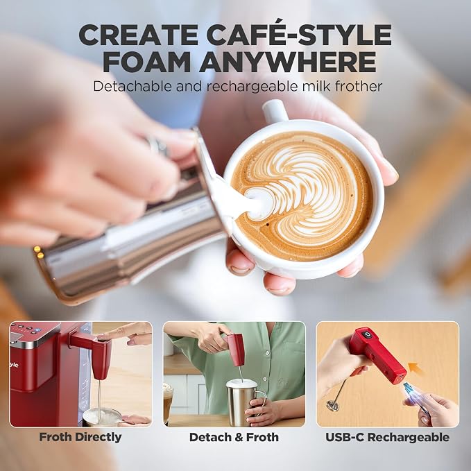 Tastyle Single Serve Coffee Maker with Built-in Detachable Milk Frother | For K Cups & Grounds, 40oz Removable Water Tank, 6 Brew Sizes, 2 Drip Trays, BPA Free, Fits 7.3" Travel Mug, K330MF, Red