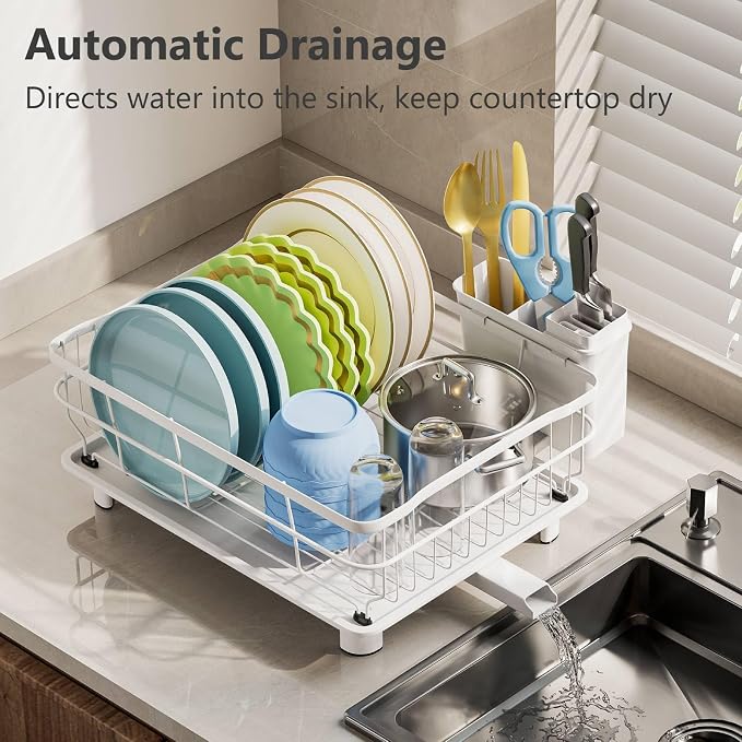 AIDERLY Auto Drain Metal Dish Drying Rack Dish Drainers, All White | with Draining Tray, Strainer, for Kitchen Counter, Sink