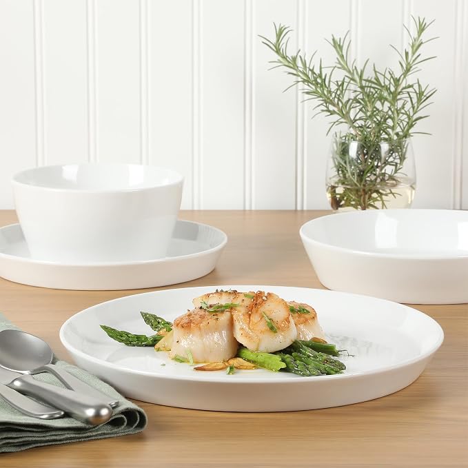 Martha Stewart Selma Chip & Scratch Resistant Dinnerware Set Service for 4 (16pcs) – White Plates and Bowls, Durable Dishwasher and Microwave Safe Dishes Set for Everyday Use