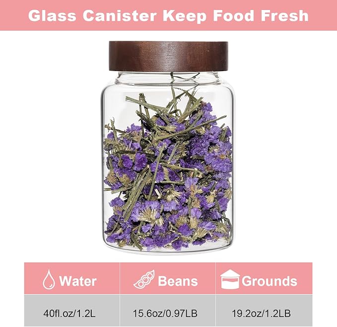 40 oz Glass Jar with Wooden Screw Lid 1200ml Airtight Coffee Sugar Container Clear Food Storage Canisters Bottle for Spice Herb Kitchen Tea Overnight Oats Bar Parfait Snacks (1200ml(40oz)-1 pack)