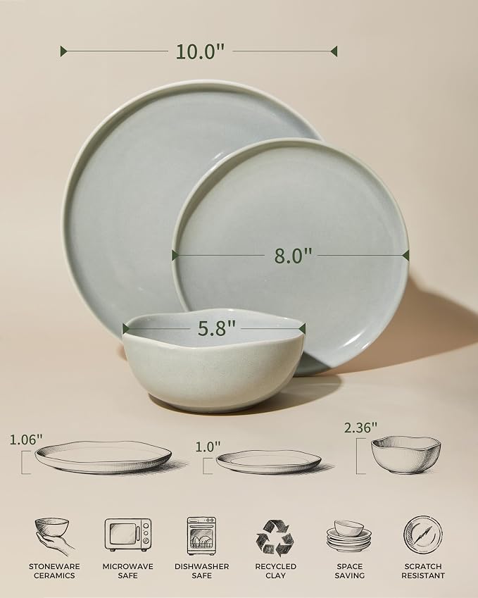 Ceramic Plates and Bowls Set, Everyday Dinnerware Set for 4, Wavy Rim Kitchen Dish Set, Chip Resistant Dishware Sets, Dishwasher Safe Dinner Set, Designed for Simple Meals, Gray Green