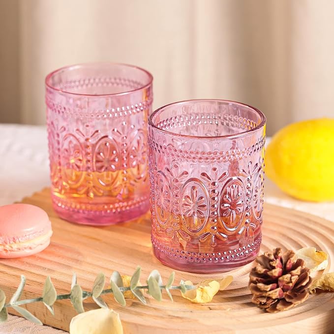 Darlion Vintage Glassware, Pink Drinking Glasses, 10oz Pink Glass Cups | Food Grade Glass, Lead-Free Glass, Durable&Sturdy, Vintage Decoration
