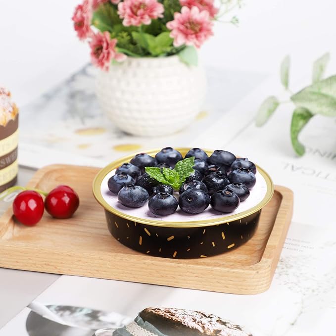 Beasea Mini Aluminum Pie Pans, 4 Inch 50 Pack Mini Pie Tins with Lids, 8 Oz Aluminum Foil Disposable Black Gold Cartoon Tart Pans Round Oven Baking Small Cake Tin for Cheesecake Quiche
