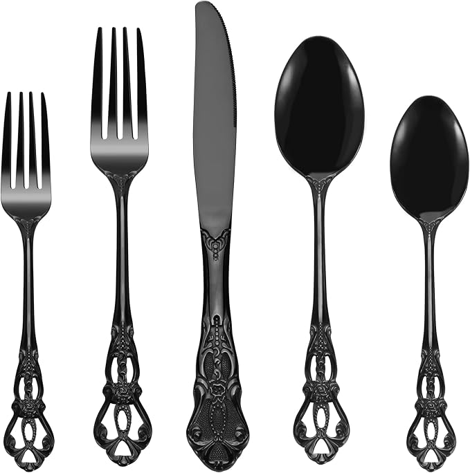 Runfly Gorgeous Retro Royal Black Stainless Steel 20-Piece Flatware Set | Silverware Set for 4, Anti-rust Cutlery Set Utensils Kitchen Including Fork Spoon and Knife