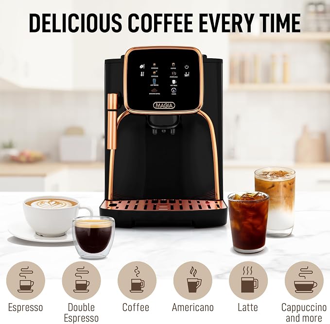 Zulay Kitchen Magia Clasica Automatic Espresso Machine with Built-In Grinder, Touch Panel Coffee Maker, Steam Wand Milk Frother, Adjustable Strength, Self-Cleaning, Black & Copper (13" x 17.7" x 9.4")