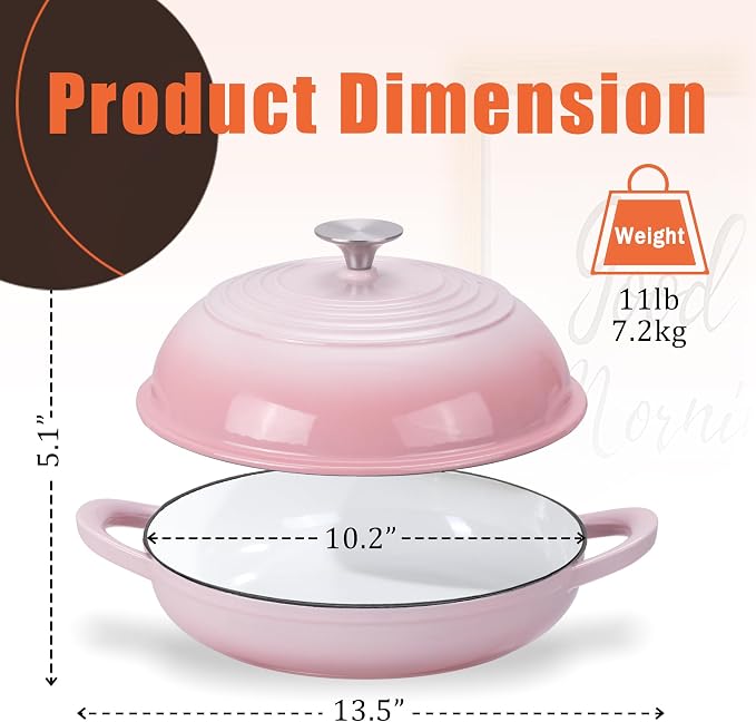 6QT Enameled Cast Iron Round Bread Oven, Sourdough Dutch Oven, Pink | Bread Oven for Homemade Sourdough Bread Baking, Bread Pot with Dome Lid, Gifts for Sourdough Bakers, Oven Safe up to 500°F