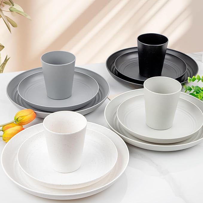 32pcs Multicolor Reusable Wheat Straw Dinnerware Sets for 8 | Include Plastic Plates,Bowls,and Cups Set,Durable Lightweight Unbreakable Dish Set for RV,Camping,Party,and Daily Home Use
