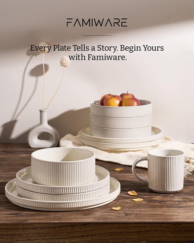 Famiware Stoneware Dinnerware Sets for 8, 24pc Rimmed Plates, Bowls, Dishes | Chip & Scratch Resistant Ceramic, Microwave & Dishwasher Safe, Everyday & Formal Use, Modern Rustic, Lipped Edges, Oat White