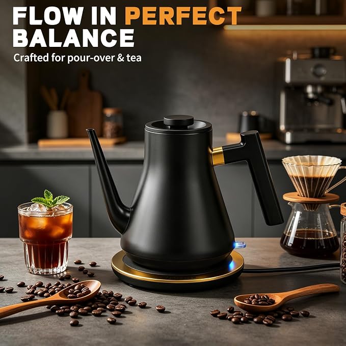 Gooseneck Electric Kettle 1000W | Pour Over Coffee Kettle with Steady Flow Spout & Balanced Handle, 0.8L Matte Black Tea Kettle for Home Barista Espresso Station Countertop- Black