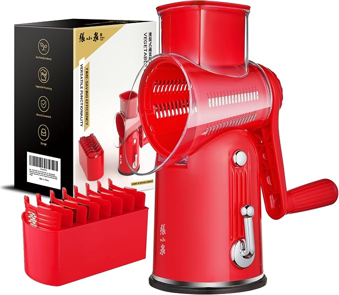 Rotary Cheese Grater Manual Hand Crank with 5 Blades & Suction Base, Kitchen Vegetable Shredder Slicer for Veggie, Nuts, Fruit, Red