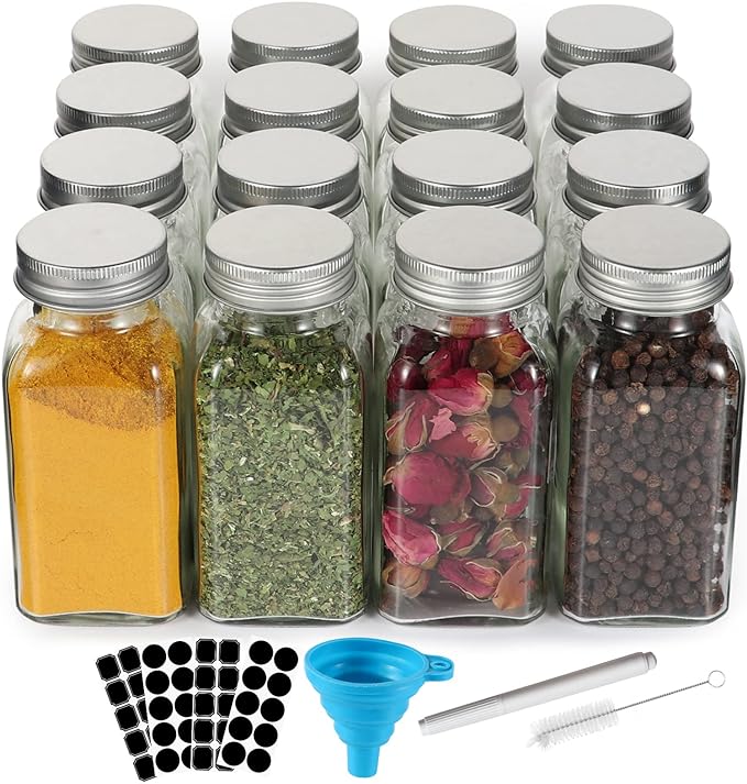 16 Pack 6oz Glass Spice Jars with Shaker Lids,Empty Square Spice Containers | 180ml Seasoning Bottles with 80 Black Labels for Kitchen Storage(Chalk Marker,Funnel and Brush include)