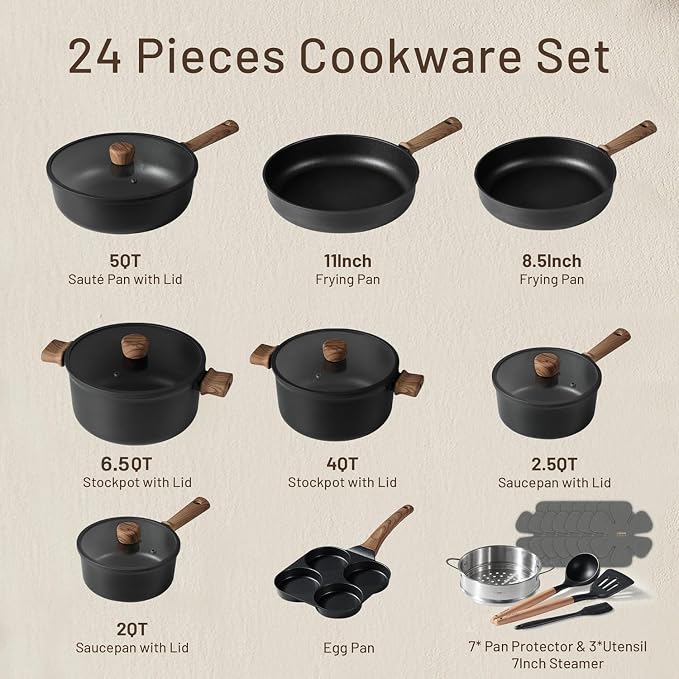 CAROTE 24pcs Nonstick Cookware Sets, Pots and Pans Set | Titanium Infused, Ultra Durable, Fast & Even Heating, Easy Clean, All-Stovetop Compatible, with 7-Qt Stockpot & Egg Pan