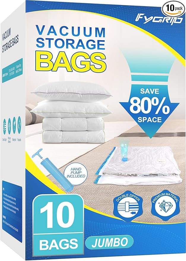 80% Space Saver Vacuum Storage Bags with Hand Pump, 10 Jumbo | Plastic Packaging Bags, Vacuum Seal Bags for Clothing, Travel Lugggage, Blankets, Comforters