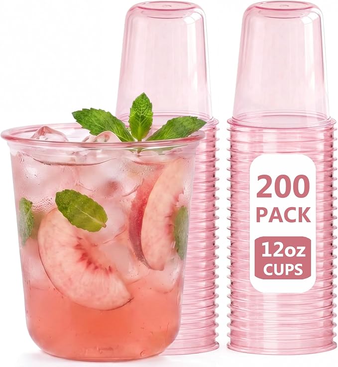 WELLIFE 200 Pcs 12 oz Clear Pink Plastic Cups | Disposable Cocktail Glasses Stemless Wine Punch Cups for Cold Drinking Wedding Party Supplies Valentine's Day