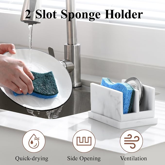Luxspire Kitchen Sponge Holder wtih Drain Tray, 2 Compartment, Gravel White | Diatomite Stone Material, Quick-Drying & Water Absorbing stone dish sponge, For Kitchen Sink Counter, Easy to Maintain