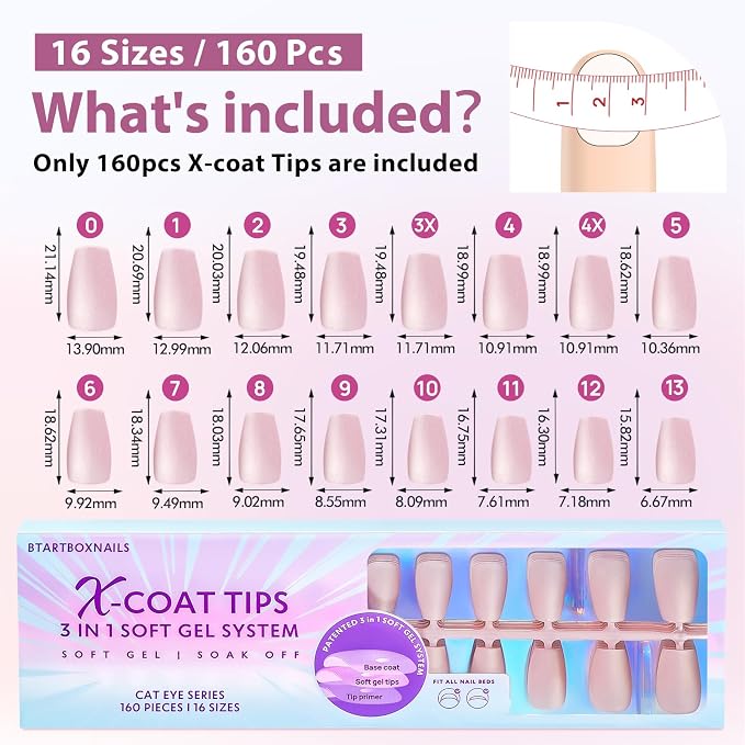 BTArtboxnails XCOATTIPS Cat Eye Press On Nails, Short Coffin, Bling Baby | Lamp-Curable 4-Week Wear, Salon Quality Value at Home, Natural Nail Look, Easy-to-Apply for Beginners, 1606ct Nail Tips Only