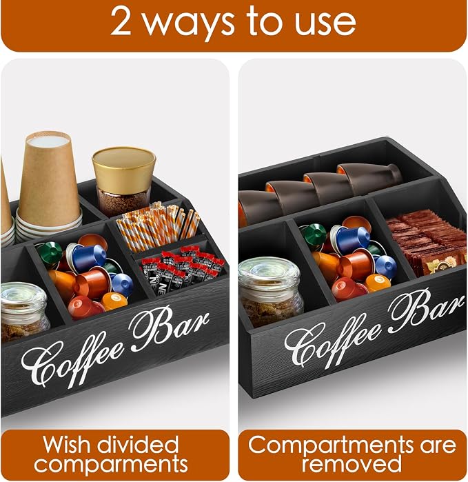 Wood Coffee Station Organizer for Counter | Farmhouse Coffee Bar Organizer | Coffee Pods Holder Bar Accessories | Tea Condiment Storage Basket | Home Decor