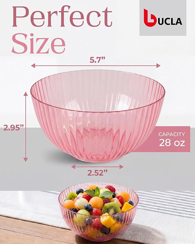 bUCLA 12 PCS Plastic Cereal Bowls Set - 28 Oz Clear Pink Disposable Vertical Stripes Serving Bowls for Snack, Salad, Dessert & Fruit