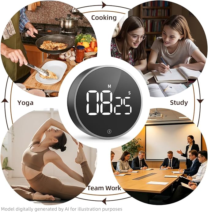 Digital Magnetic Kitchen Timer & Stopwatch with LED Display, Space Gray | Up to 99:55 Countdown & Count Up , Easy Twist Control, Adjustable Volume & Brightness, Magnetic Back, Battery Powered