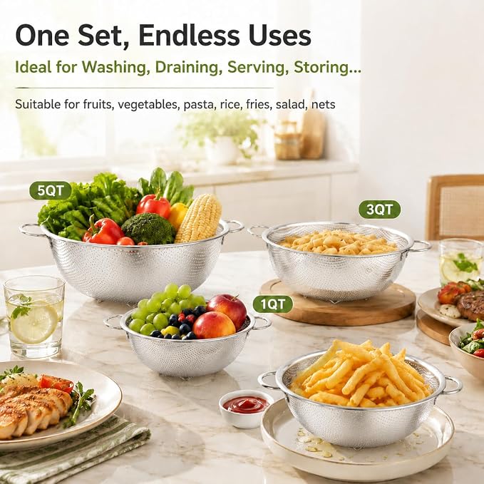 TeamFar Colander Set of 3, Stainless Steel Perforated Colander Strainer | Metal Food Strainer for Draining/Washing/Rinsing Pasta Vegetables Fruits, Healthy, Sturdy & Dishwasher Safe - 1/3/5 Quart