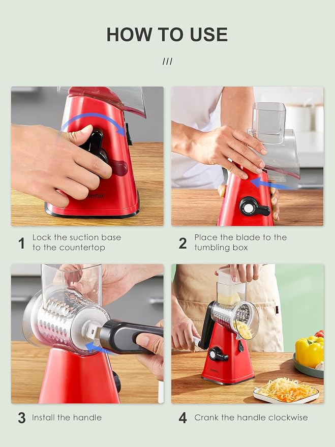 Rotary Cheese Grater with Handle, Reemix Vegetable Cheese | Shredder Slicer Grater for Kitchen 3 Changeable Blades for Cheese Potato Zucchini Nuts Chocolate (Red)