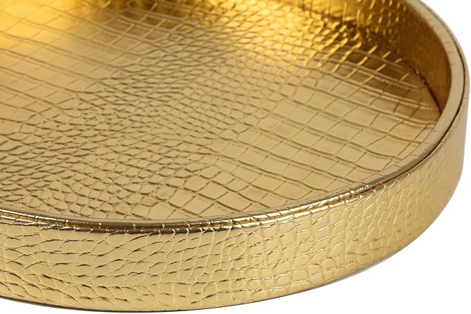 HofferRuffer Faux Leather Round Serving Tray, Vegan Croco Leather Decorative Tray, Food Tray for Storage Drinks, Snack & Cosmetics, Dia.12'' x 1.6'' (Gold)