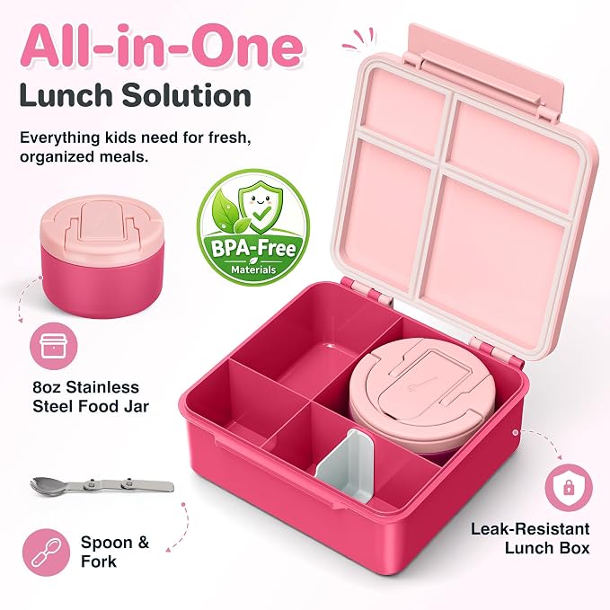 Bento Lunch Box for Kids with 8oz Soup Thermo,Kids Leakproof Lunch Food Containers with 4 Compartment,Kid Insulated Thermo Hot Food Jar for School,Trvael-Pink